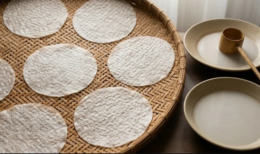 Từng lá bánh đạt độ mỏng lý tưởng, trắng trong và có độ dẻo phù hợp để cuốn chả giò mà không bị rách hay nát.