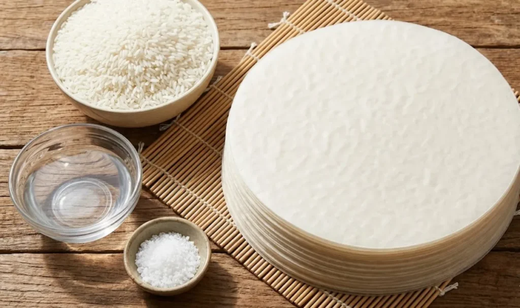 Bánh tráng chả giò 22cm được làm từ những nguyên liệu đơn giản: gạo, muối, nước.
