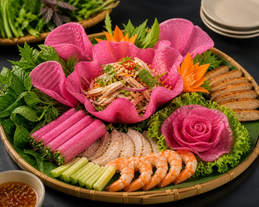 Bánh tráng củ dền-22cm Thảo Xuân được sử dụng để trang trí món ăn nhà hàng, tạo điểm nhấn màu sắc tự nhiên, giúp món ăn thêm sang trọng và hấp dẫn.