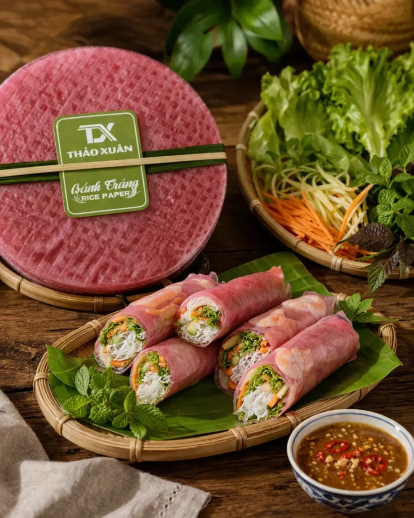 Bánh tráng củ dền-22cm Thảo Xuân với màu tím đỏ tự nhiên, kết hợp gỏi cuốn tươi ngon, dẻo dai, đẹp mắt và giàu dinh dưỡng.