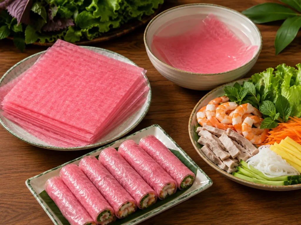 Bánh tráng củ dền - vuông dẻo dai, dễ cuốn, màu sắc hấp dẫn.
