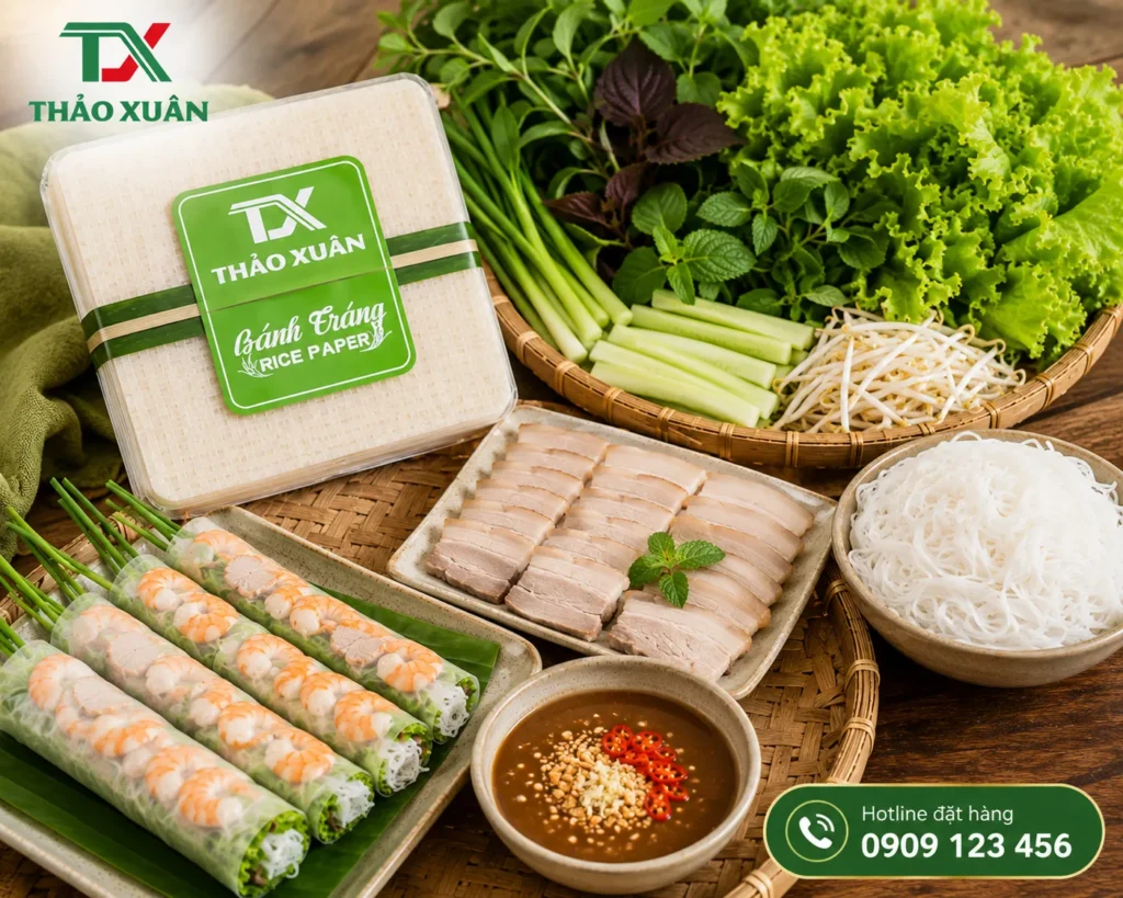 Bánh tráng vuông phù hợp cho các món cuốn rau sống, thịt luộc, bún tươi và mắm nêm thanh mát.