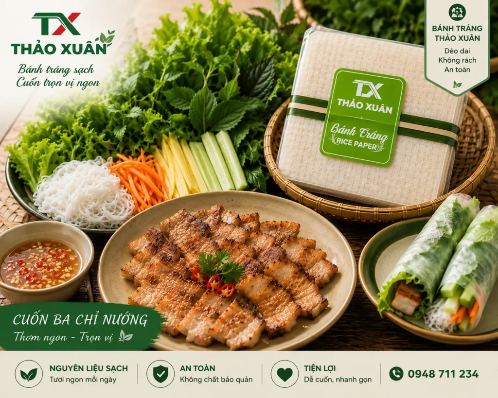 Món cuốn thịt nướng hấp dẫn khi kết hợp cùng bánh tráng vuông mềm dai.