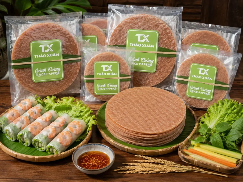 Bánh tráng gạo lứt huyết rồng và bánh tráng gạo lứt Thảo Xuân được đóng gói cẩn thận, tiện lợi cho gia đình và quán ăn
