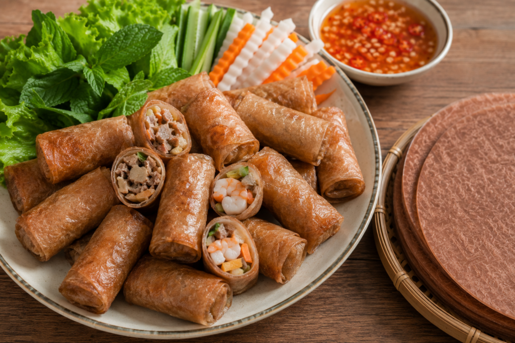 Chả giò mini làm từ bánh tráng gạo lứt huyết rồng - 16cm Thảo Xuân với nhân thịt, rau củ và hải sản hấp dẫn