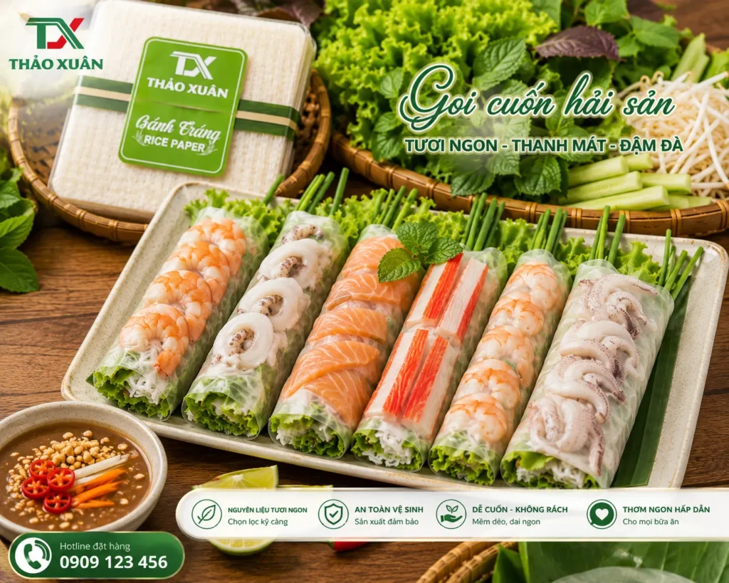 Bánh tráng gỏi cuốn Thảo Xuân tạo nên món cuốn hải sản tươi ngon, thanh mát và hấp dẫn.