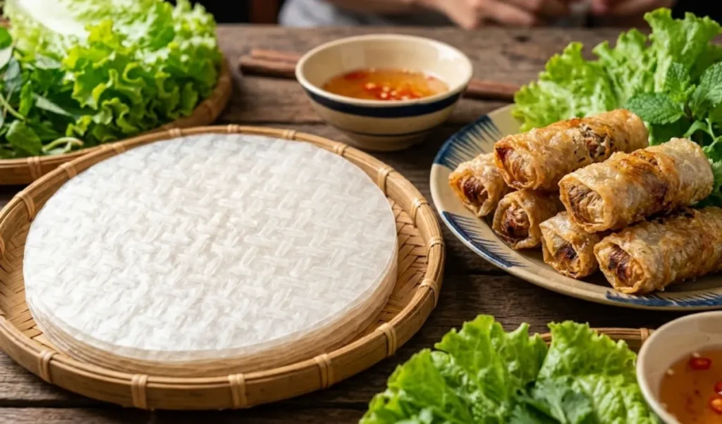 Bánh tráng trắng trong, dẻo dai chưa chế biến và đĩa chả giò đã được chiên vàng ươm, giòn rụm bên cạnh.