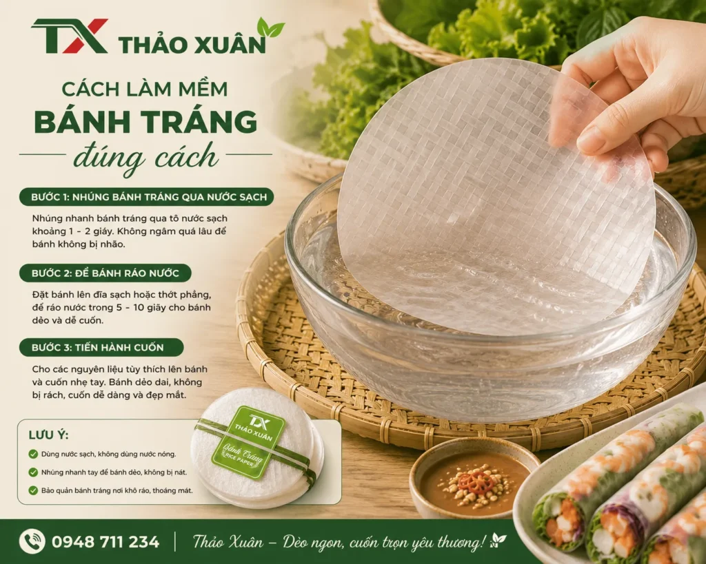 Chỉ cần nhúng nhẹ qua nước để bánh đạt độ mềm lý tưởng khi cuốn.