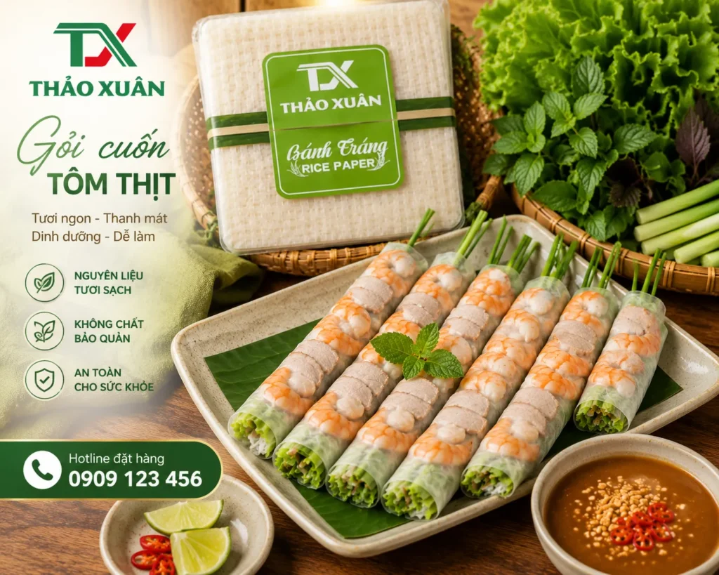 Bánh Tráng Gỏi Cuốn - Vuông giúp món gỏi cuốn tôm thịt truyền thống đẹp mắt và chắc nhân hơn.