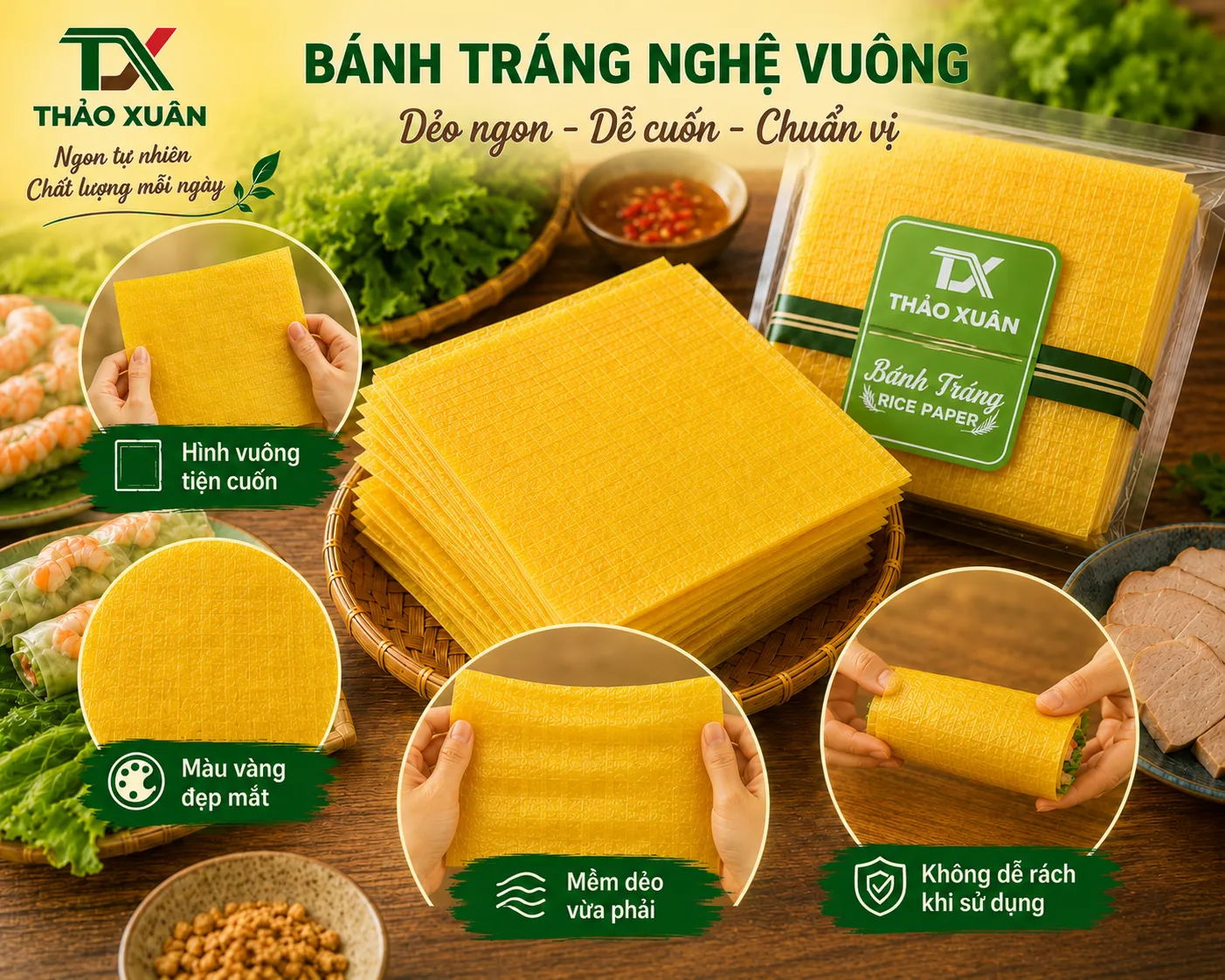 Bánh tráng nghệ vuông có màu vàng đẹp mắt và độ dẻo vừa phải