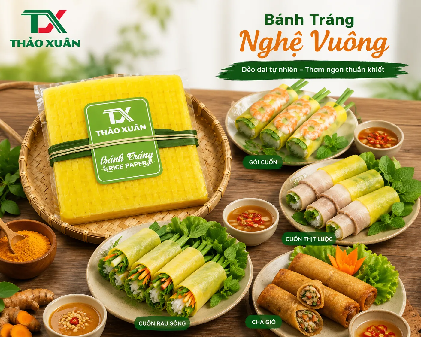 Bánh tráng nghệ vuông thích hợp làm gỏi cuốn, cuốn thịt và rau sống