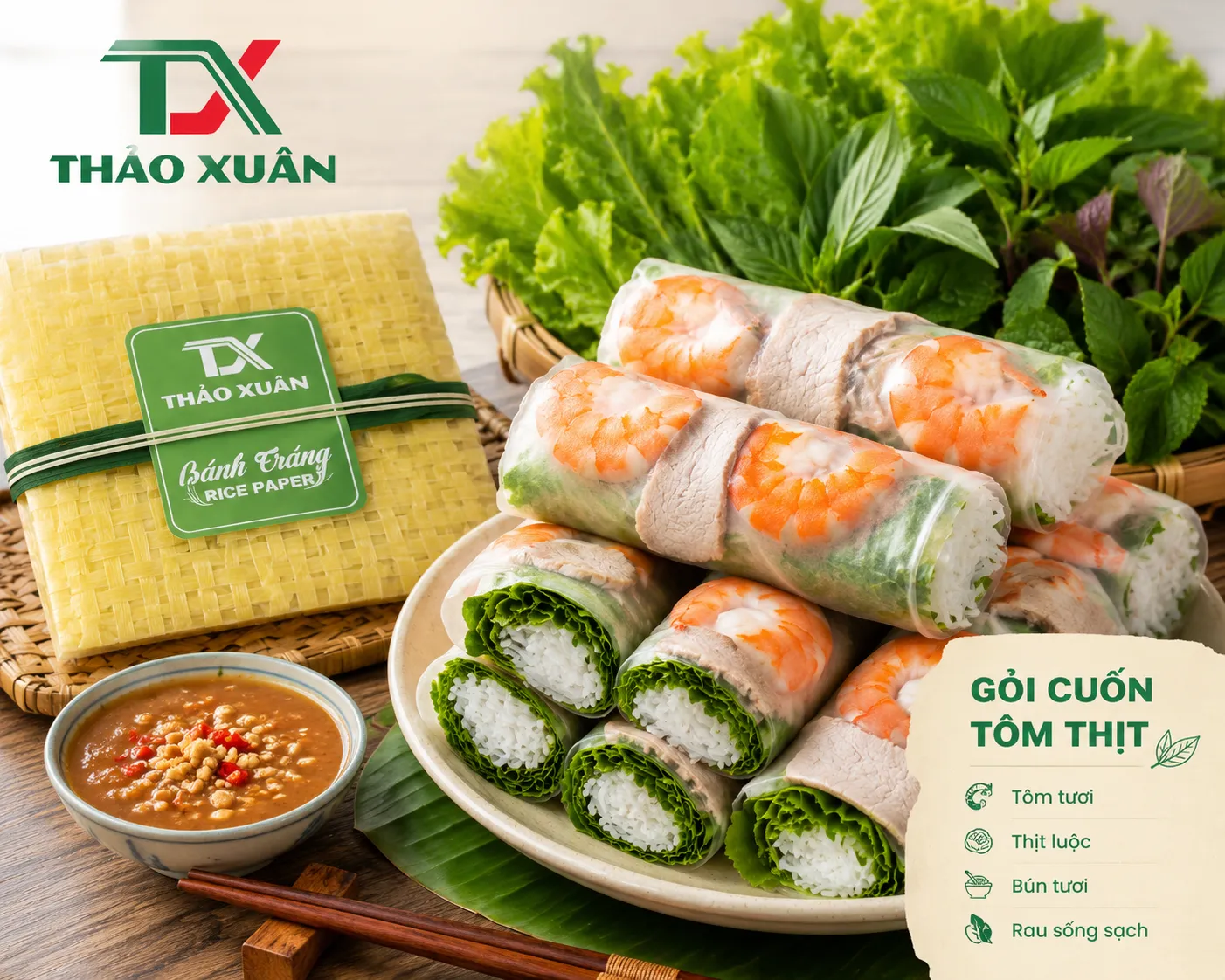 Tươi ngon với tôm, thịt luộc, bún và rau sống cuốn trong bánh tráng nghệ vuông Thảo Xuân