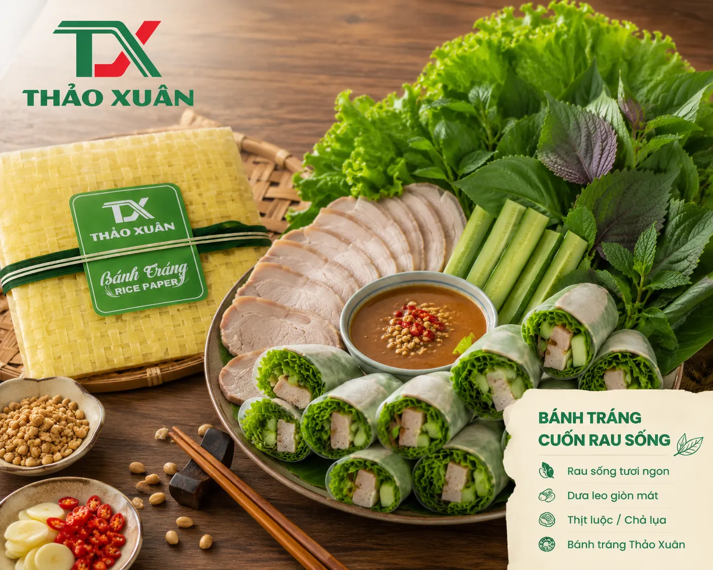 Rau xanh, dưa leo, thịt luộc hoặc chả lụa hòa quyện trong từng cuốn bánh tráng dẻo ngon