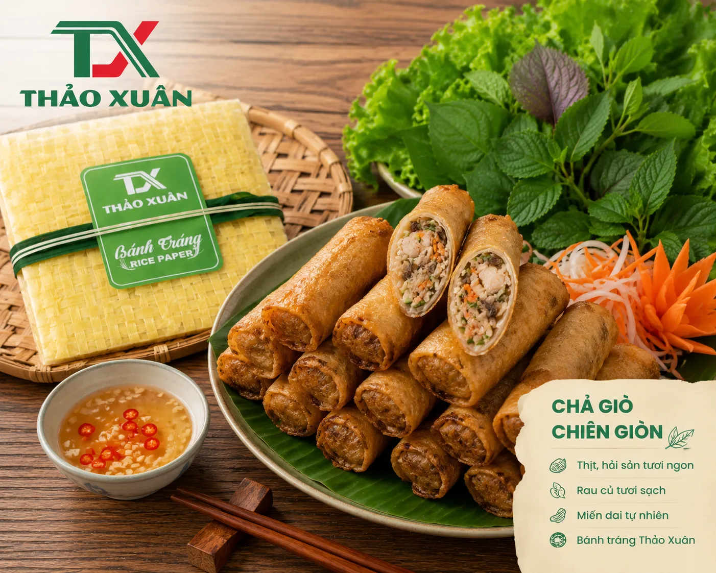 Chả giò vàng giòn với nhân thịt, hải sản, rau củ và miến thơm ngon hấp dẫn