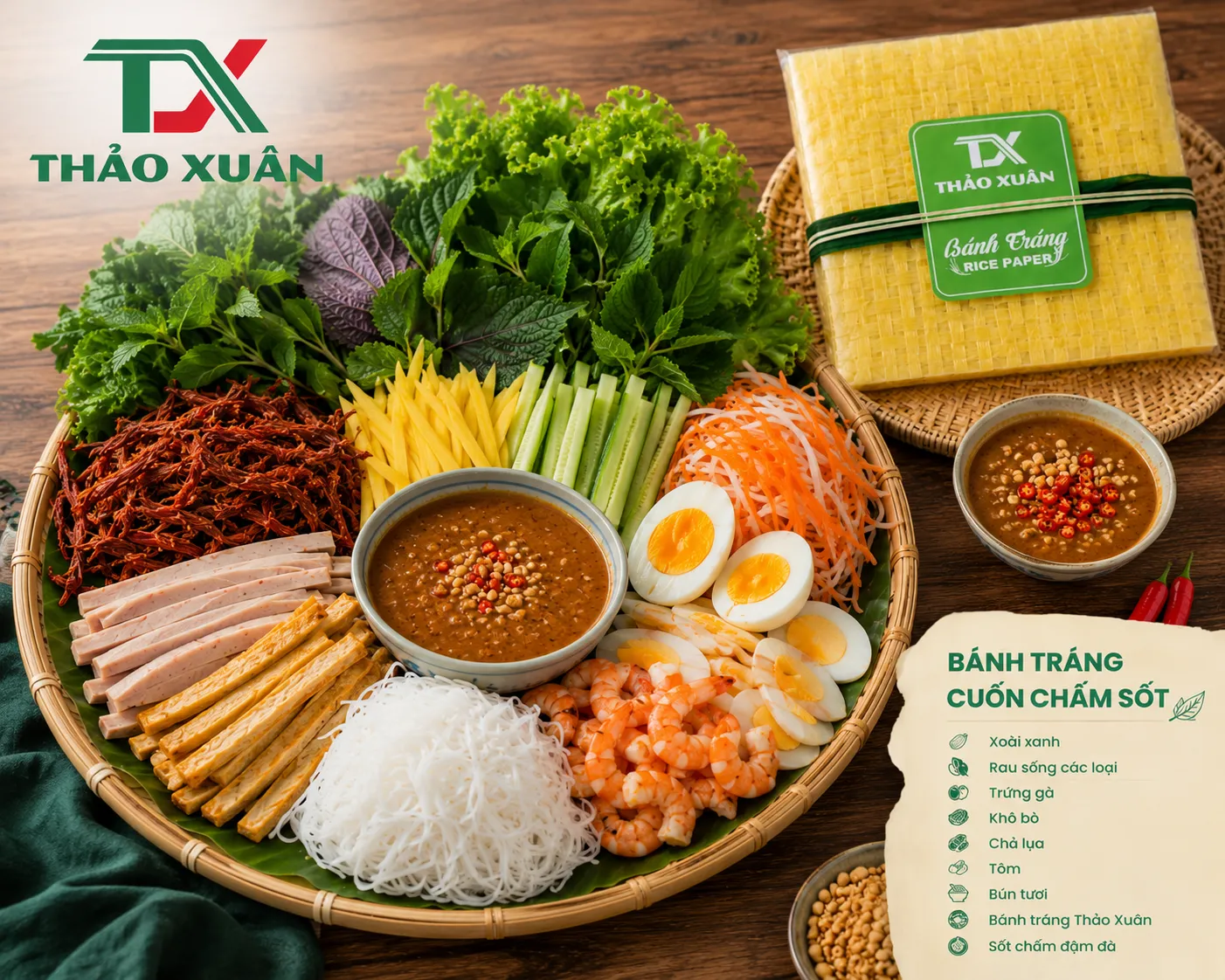 Kết hợp xoài xanh, trứng, khô bò và nhiều topping hấp dẫn cùng sốt chấm đậm vị