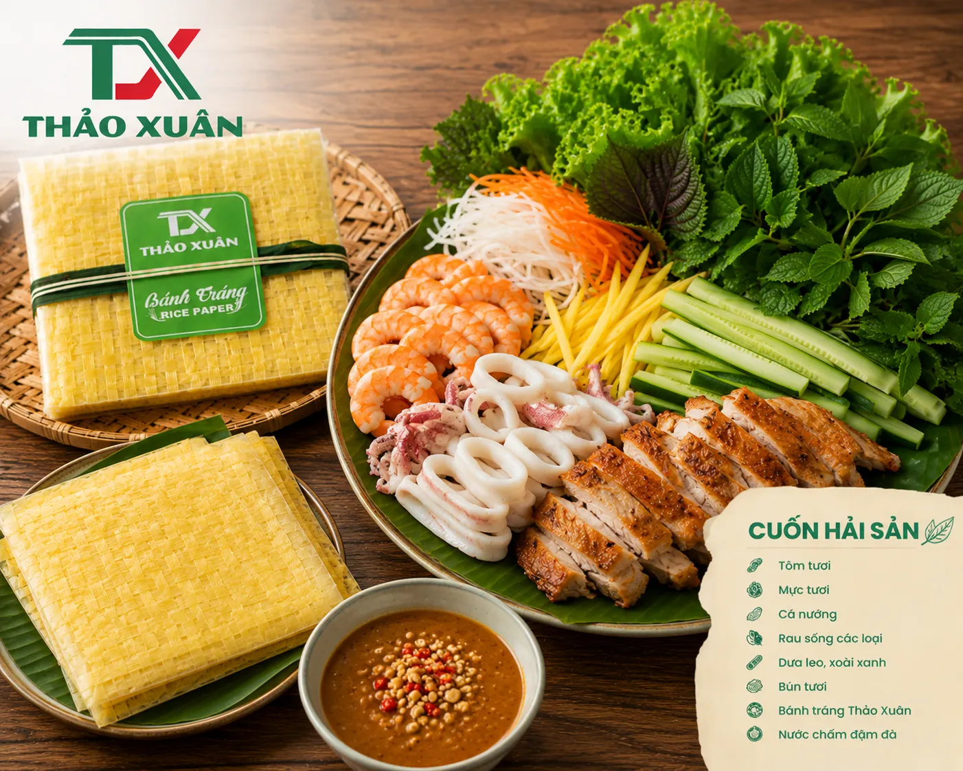 Tôm, mực, cá nướng tươi ngon cuốn cùng rau sống và bánh tráng nghệ vuông Thảo Xuân