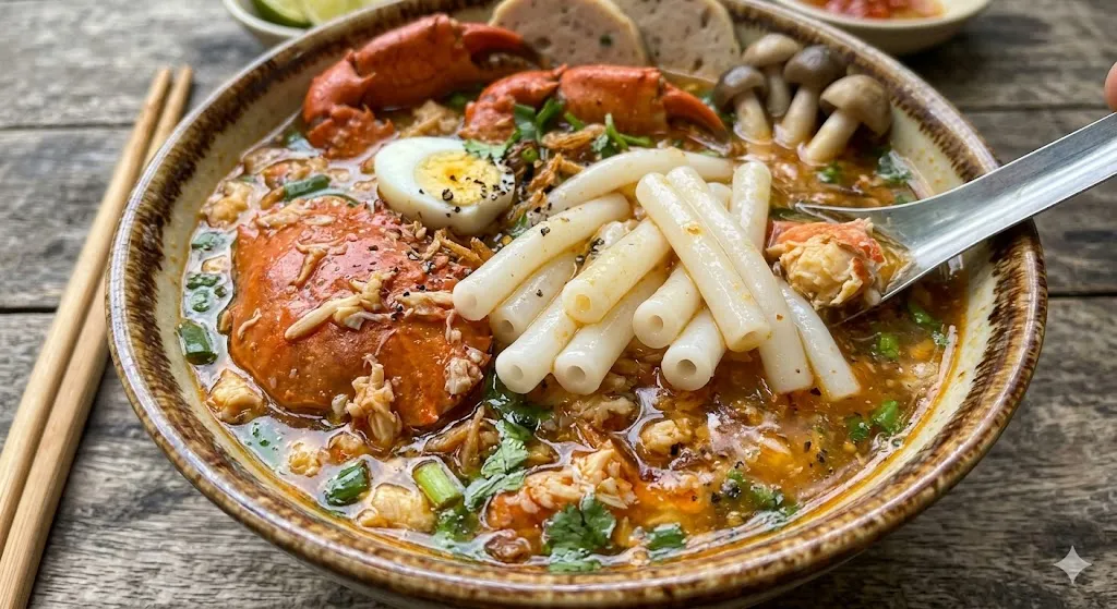 Bánh canh ống nấu cua với sợi to, rỗng ruột, dai mềm, thấm đậm nước dùng