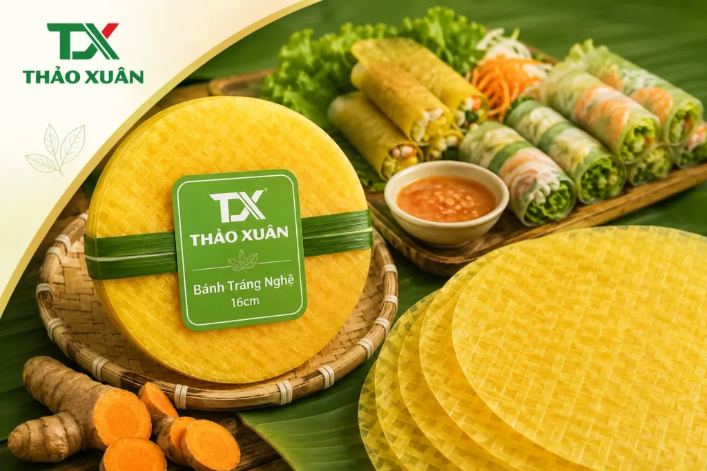 Bánh Tráng Nghệ - 16cm 2 Bánh tráng nghệ - 16cm Thảo Xuân tiện lợi cho nhiều món cuốn