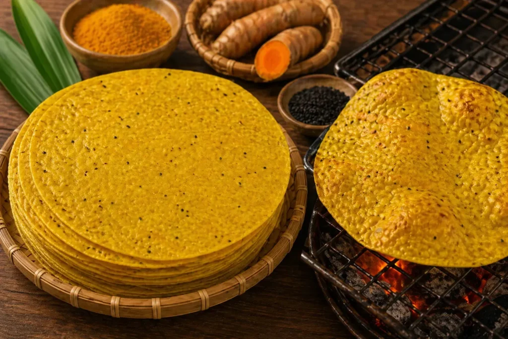 Bánh tráng nướng nghệ vàng đẹp, giòn rụm khi nướng, thơm nhẹ từ nghệ tự nhiên