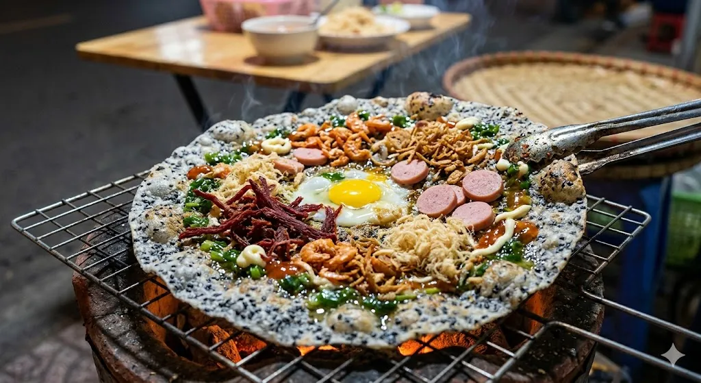 Bánh tráng nướng mè giòn rụm – topping đầy đặn, trứng gà lòng đào béo ngậy, kết hợp xúc xích, chà bông, hành lá