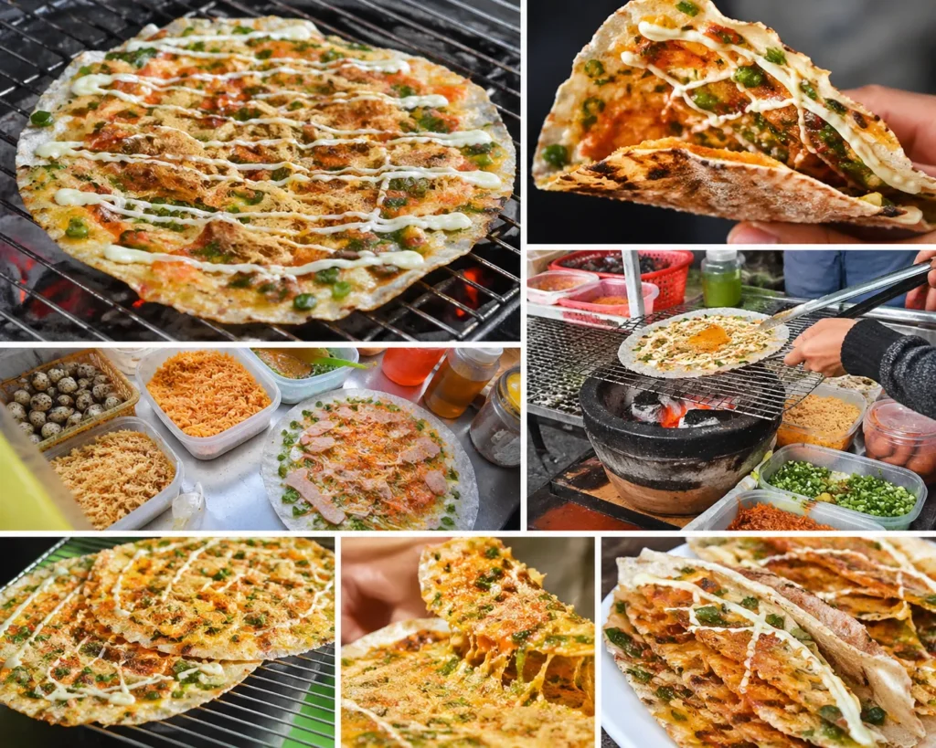Bánh tráng nướng được ví như pizza Việt Nam nhờ hình dáng và cách ăn tương tự