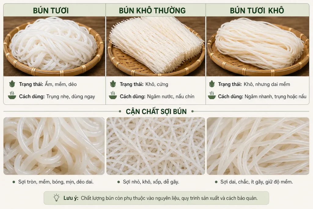 So sánh bún tươi, bún khô thường và bún tươi khô với hình ảnh cận cảnh sợi bún, thể hiện độ mềm, độ dai và trạng thái khô ẩm.