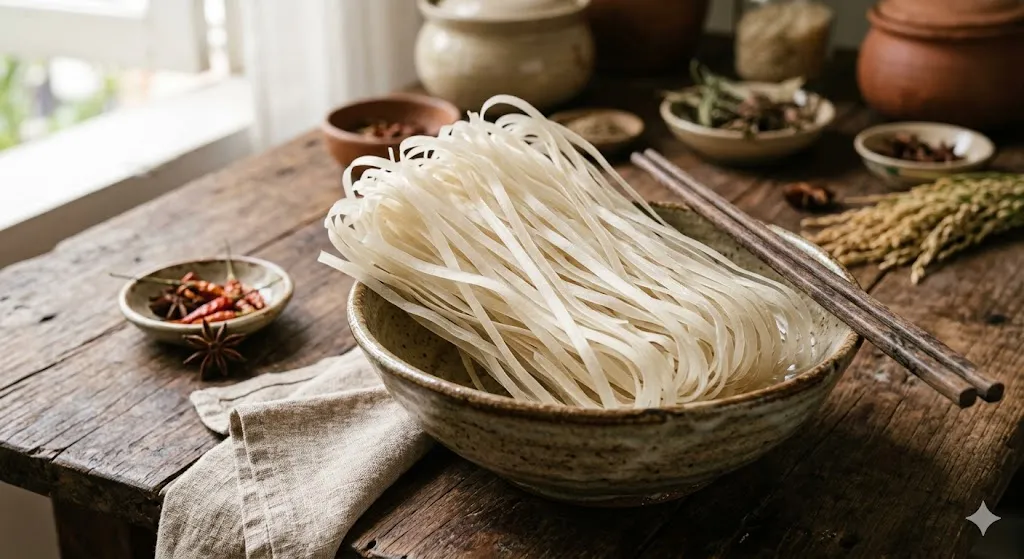 Sợi phở khô truyền thống làm từ gạo, màu trắng tự nhiên, dai mềm