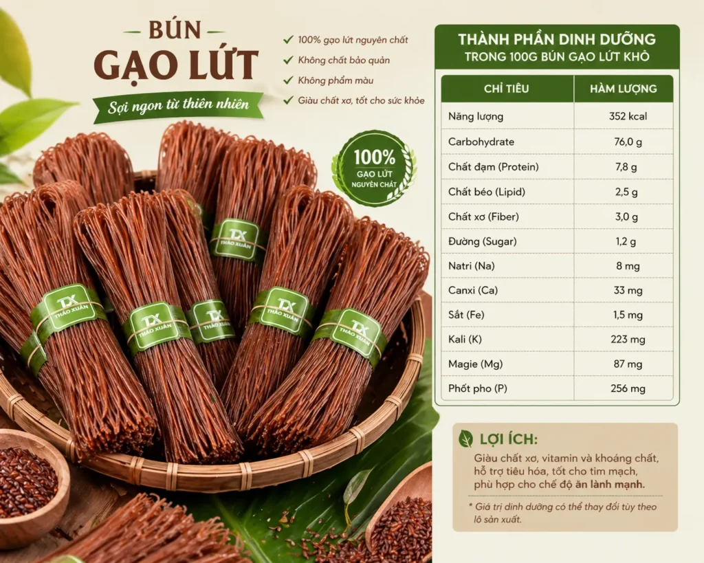 Bún Gạo Lứt Huyết Rồng Thảo Xuân – Giải Pháp Ăn Uống Lành Mạnh, Tốt Cho Sức Khỏe 3 Bún gạo lứt huyết rồng Thảo Xuân kèm bảng thành phần dinh dưỡng chi tiết – giàu chất xơ, vitamin và khoáng chất, phù hợp chế độ ăn lành mạnh.