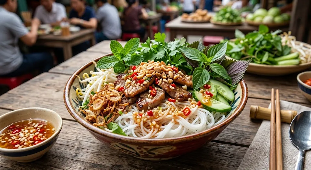 Bún trộn nước mắm chua ngọt với bún tươi khô dai, tơi sợi, đậm đà hấp dẫn