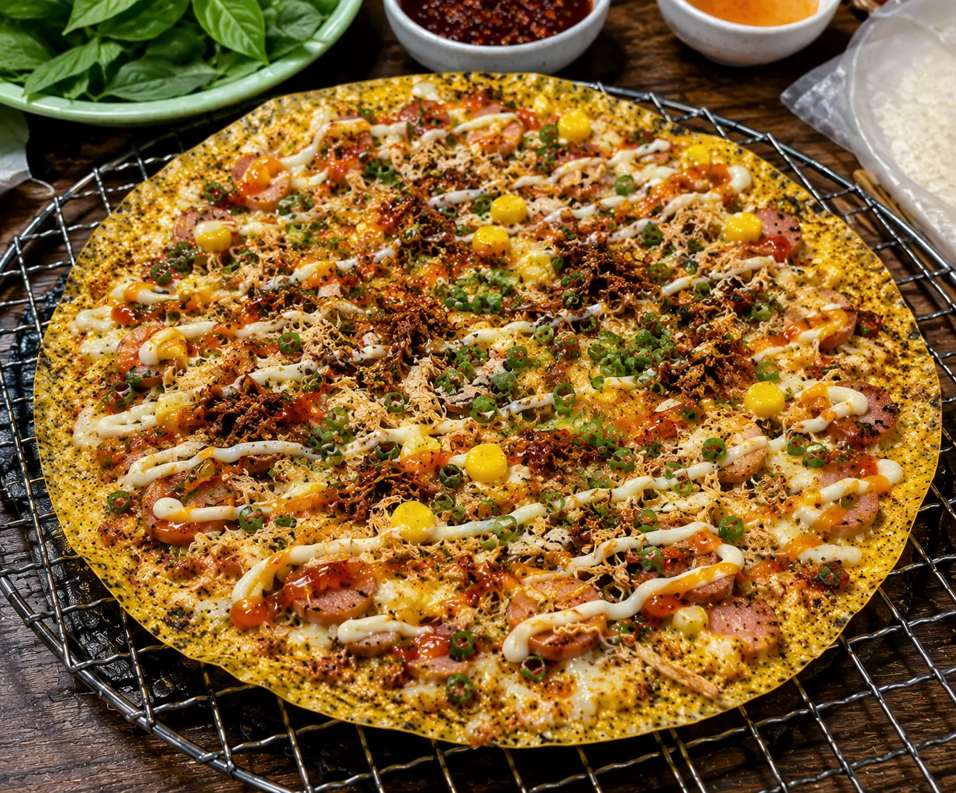 Bánh tráng nướng thập cẩm là món ăn được nhiều người yêu thích nhờ sự kết hợp đa dạng topping.