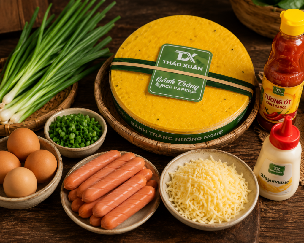 Nguyên liệu đơn giản để làm món ngon từ bánh tráng nướng nghệ.