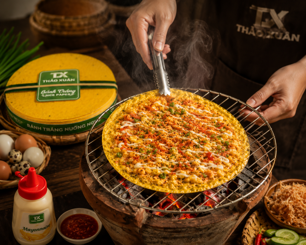 Bánh tráng nướng nghệ giòn rụm khi nướng trên lửa vừa.