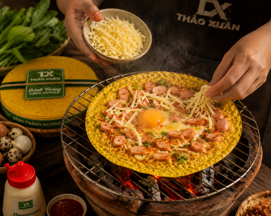 Bánh tráng nướng nghệ topping thơm ngon hấp dẫn tại nhà.