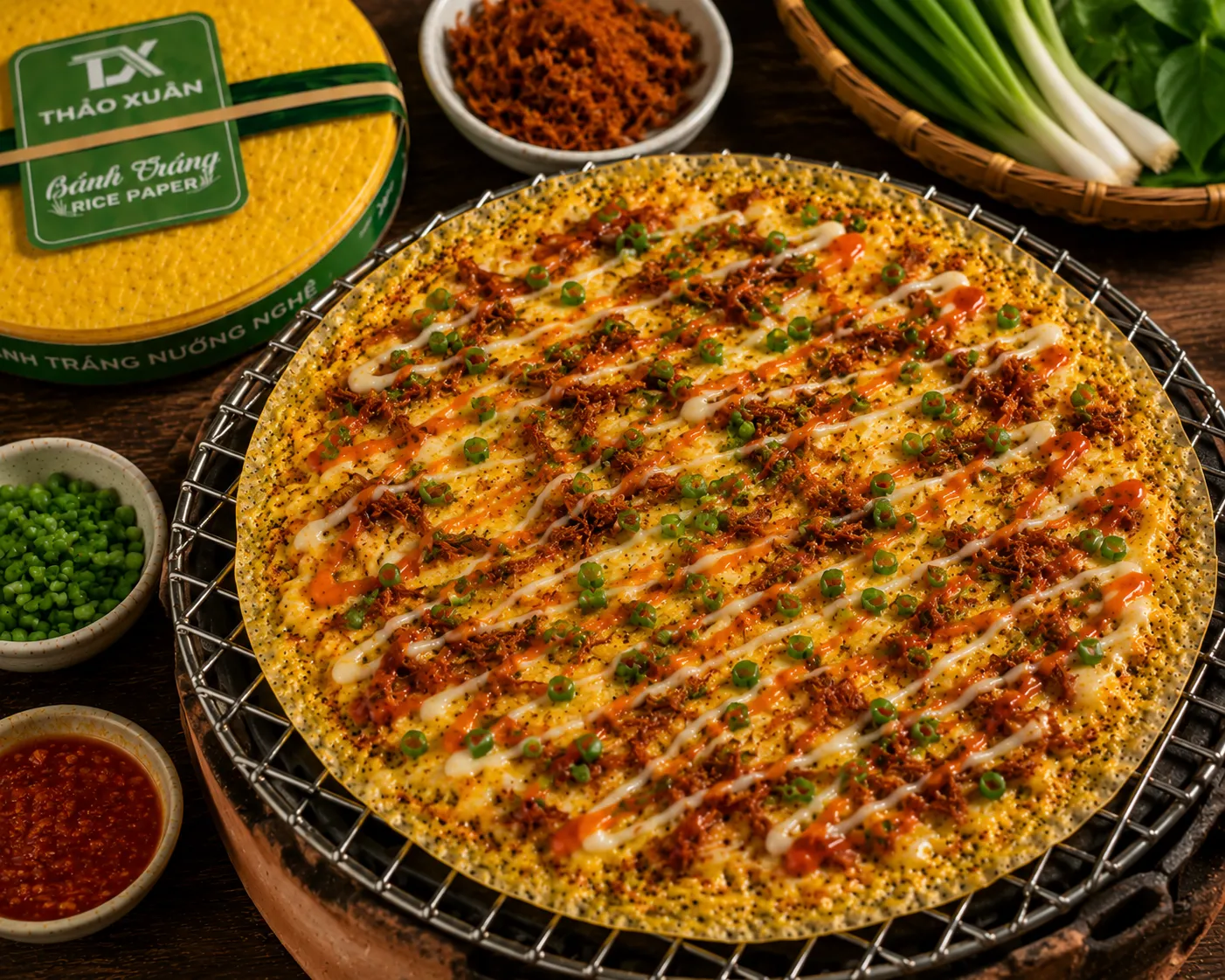 Khô bò kết hợp cùng tương ớt giúp bánh tráng nướng nghệ có vị cay nhẹ kích thích vị giác.