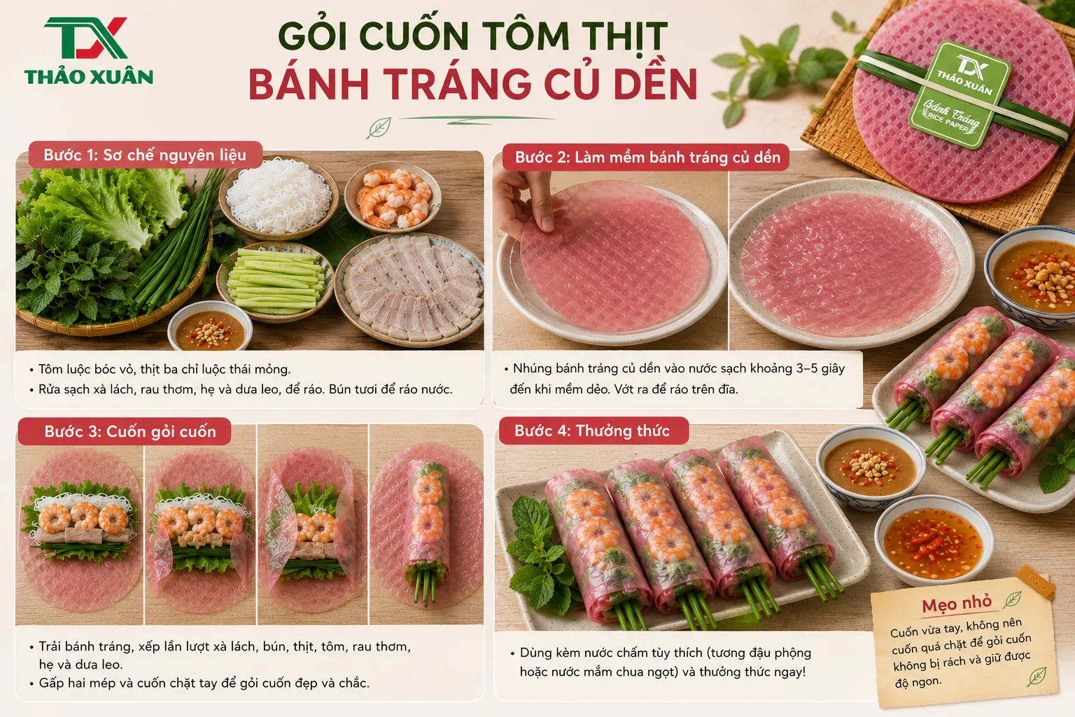 màu sắc tự nhiên từ củ dền cùng phần nhân tôm thịt tươi ngon, món gỏi cuốn không chỉ ngon miệng mà còn giúp bàn ăn thêm nổi bật và hấp dẫn