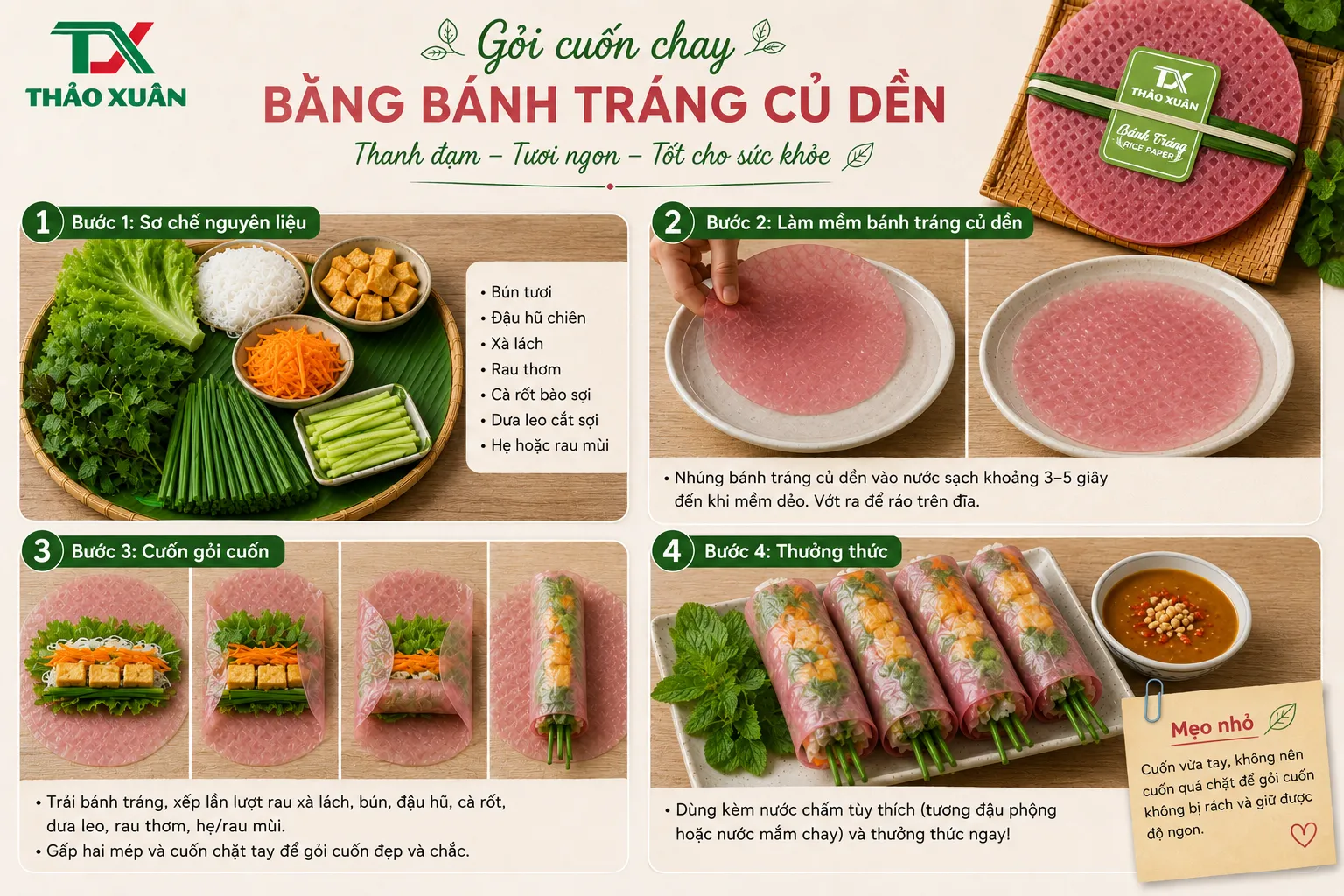 Gỏi cuốn chay từ bánh tráng củ dền phù hợp cho thực đơn healthy và thanh đạm.