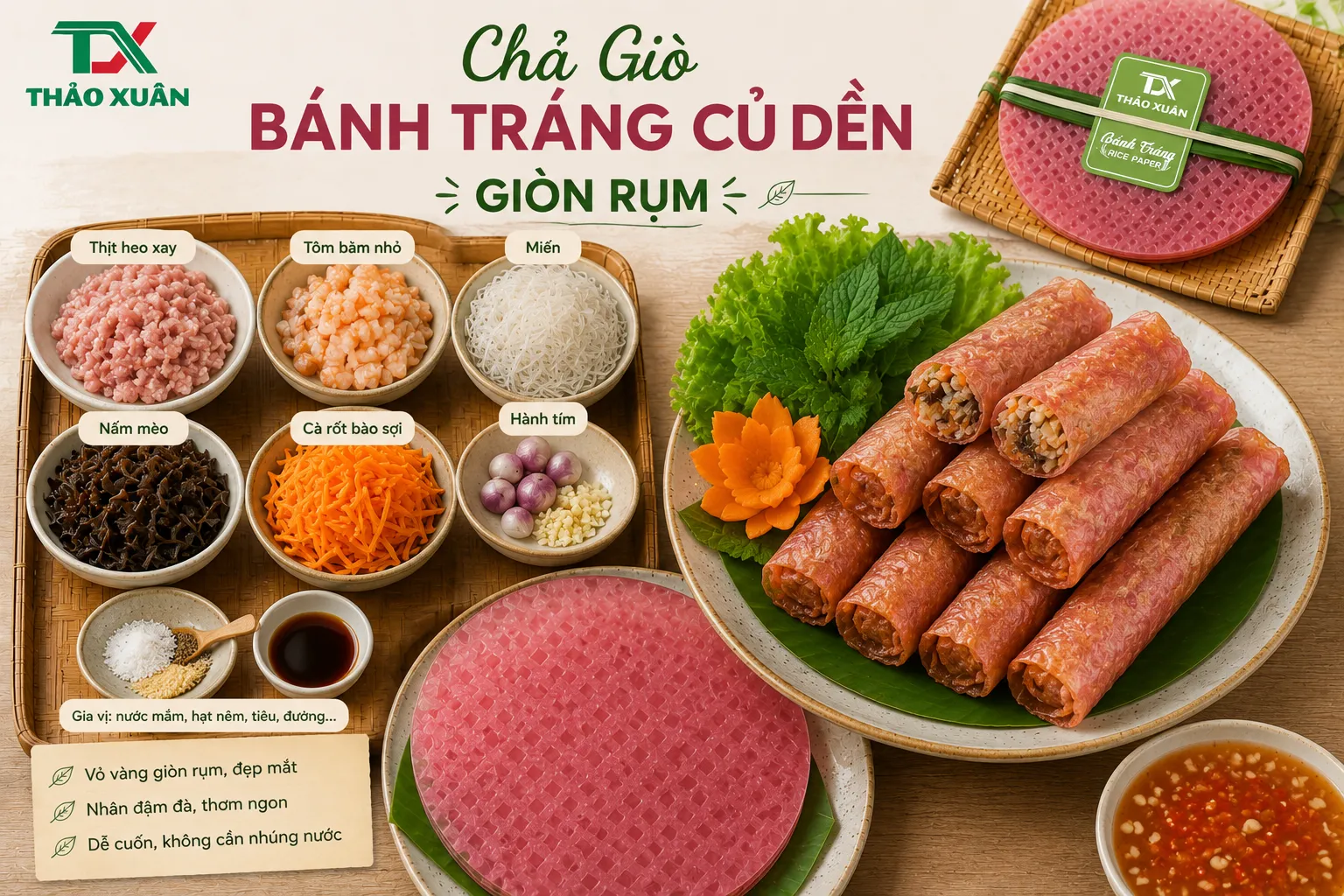 Chả giò bánh tráng củ dền giòn rụm, vàng đều và ít hút dầu khi chiên.