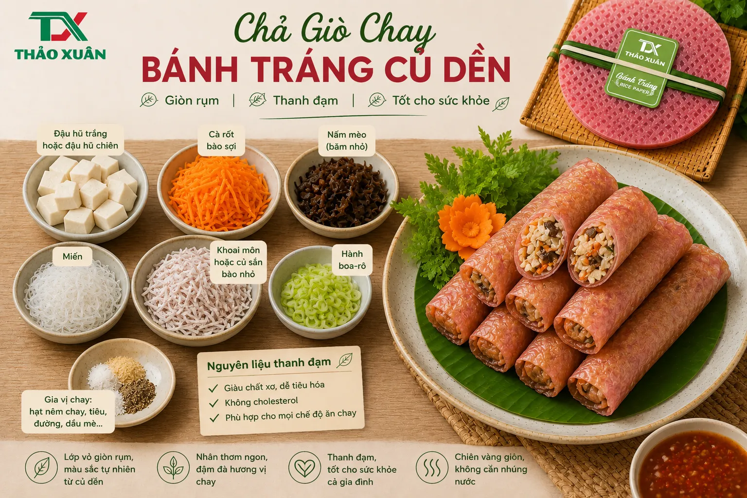 Món ăn thanh đạm nhưng vẫn hấp dẫn nhờ lớp vỏ giòn rụm và phần nhân rau củ thơm ngon.