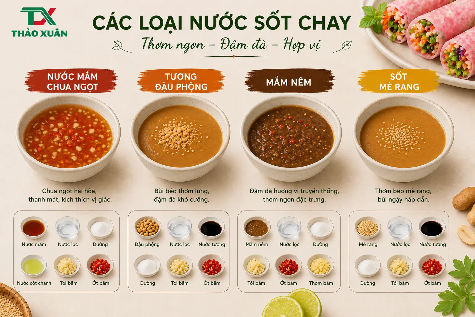Để món cuốn ngon hơn có thể ăn kèm các loại nước sốt sau.
