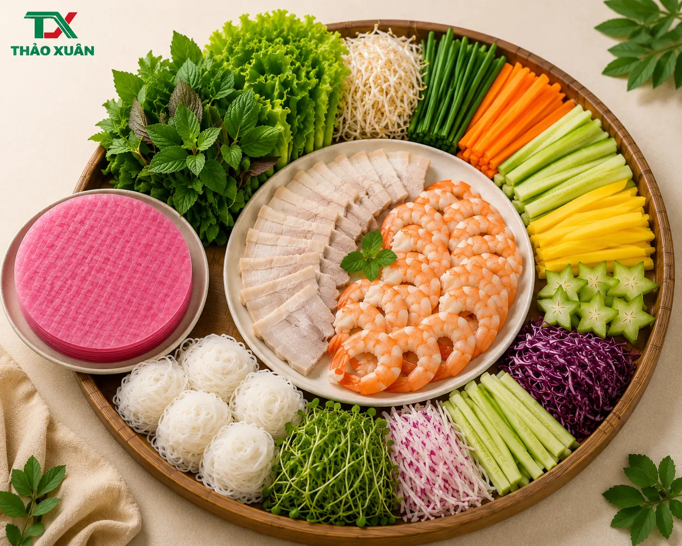 Màu tím đỏ tự nhiên của bánh tráng kết hợp cùng rau xanh, tôm đỏ và thịt trắng giúp bàn ăn trở nên nổi bật và bắt mắt hơn.