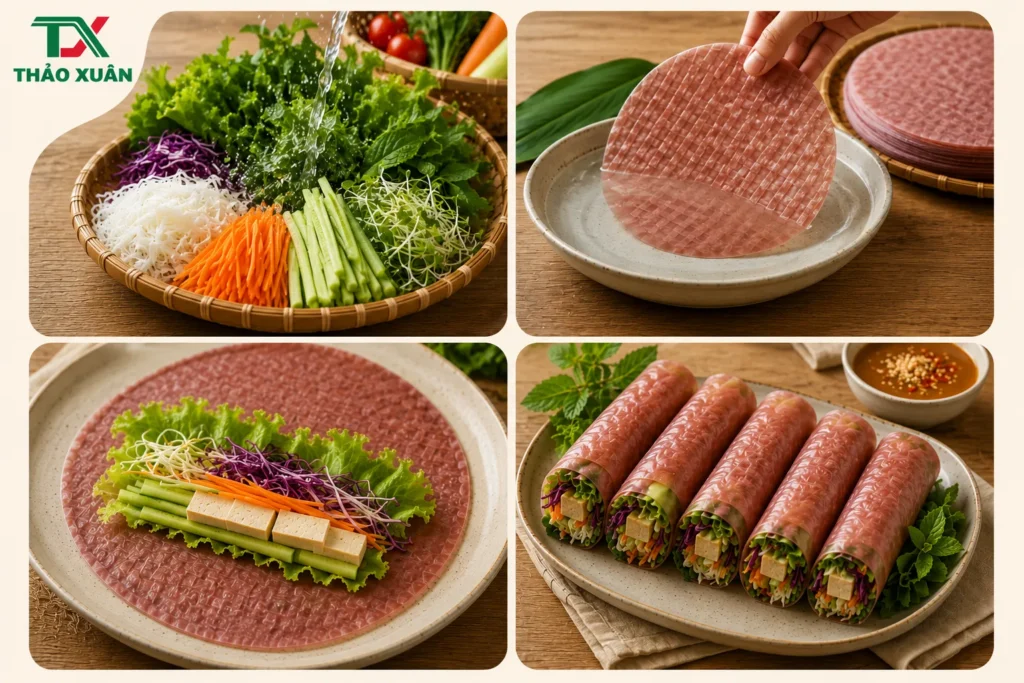 Bánh tráng gạo lứt huyết rồng Thảo Xuân có độ dẻo dai vừa phải, dễ nhúng nước và dễ cuốn không bị rách.