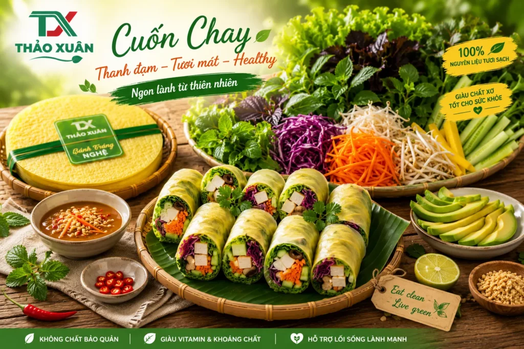 Cuốn rau củ chay nhiều màu sắc