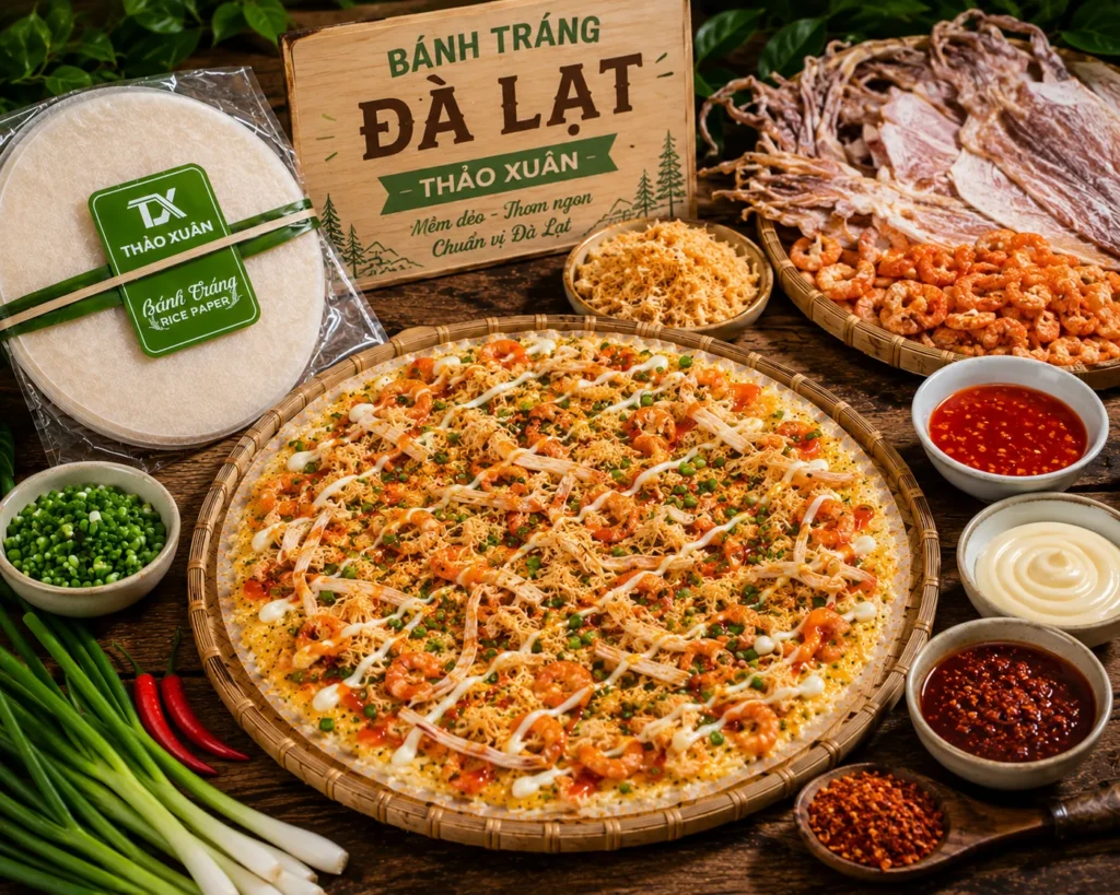 Sự kết hợp giữa hải sản và bánh tráng nướng giòn rụm tạo nên hương vị thơm ngon đặc trưng.