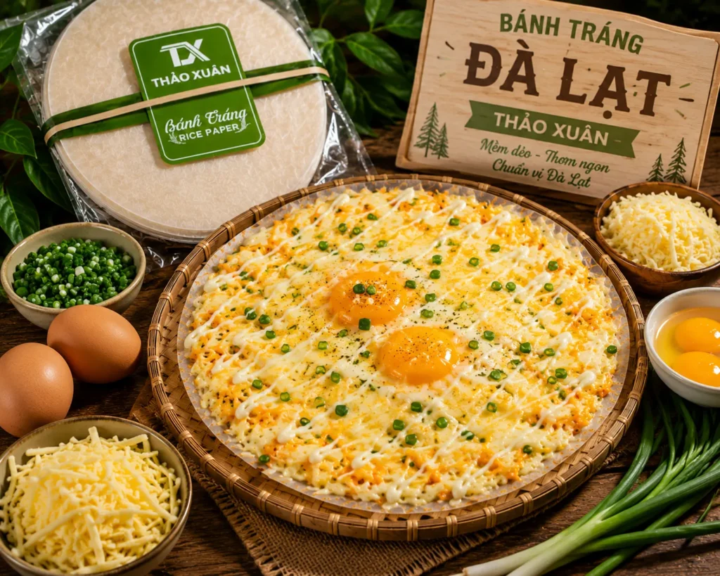 Lớp phô mai tan chảy giúp Bánh Tráng Nướng Đà Lạt thêm hấp dẫn và đậm vị hơn.