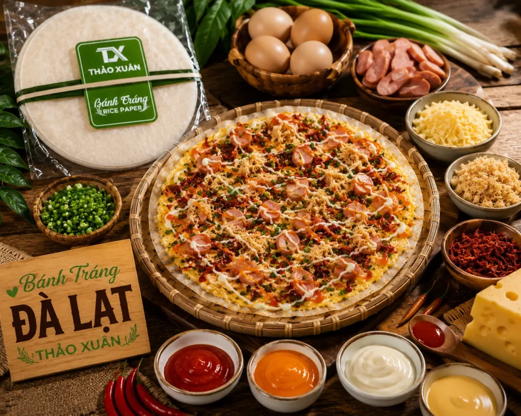 Bánh Tráng Nướng Đà Lạt thập cẩm hấp dẫn với nhiều loại topping thơm ngon và đậm đà.