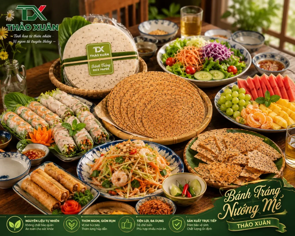 Hương vị mè thơm bùi và độ giòn hấp dẫn giúp Bánh Tráng Nướng Mè tạo điểm nhấn cho nhiều món ăn.