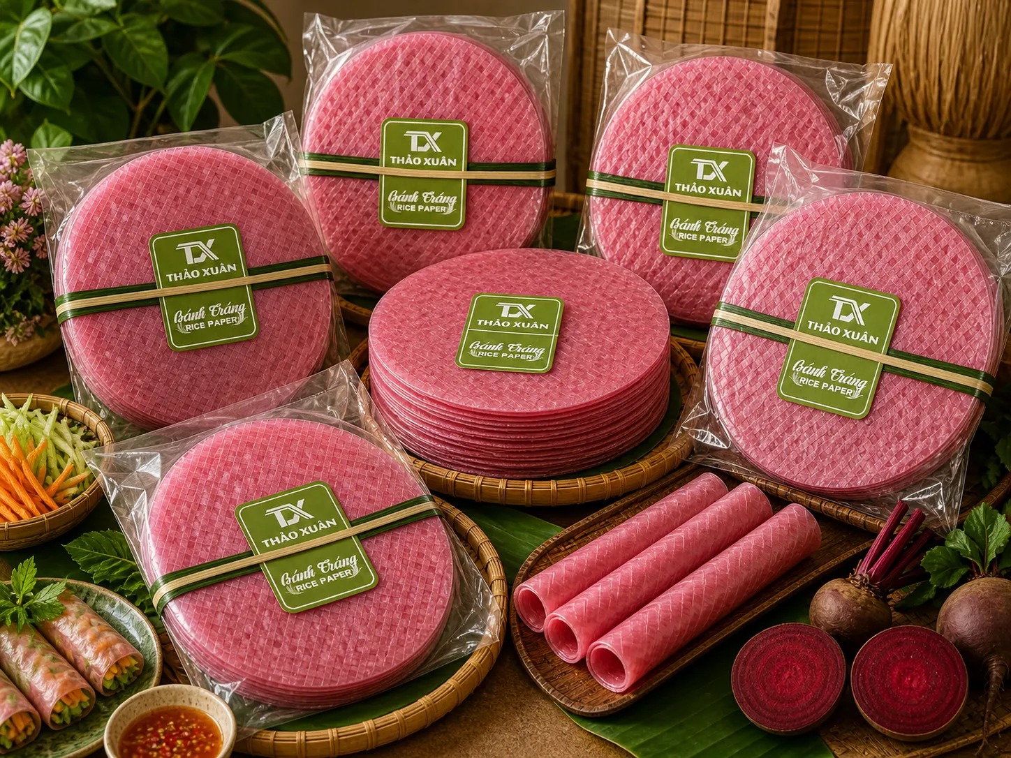 Bánh tráng củ dền Thảo Xuân được đóng gói và trưng bày đẹp mắt, phù hợp sử dụng gia đình, nhà hàng và kinh doanh thực phẩm.