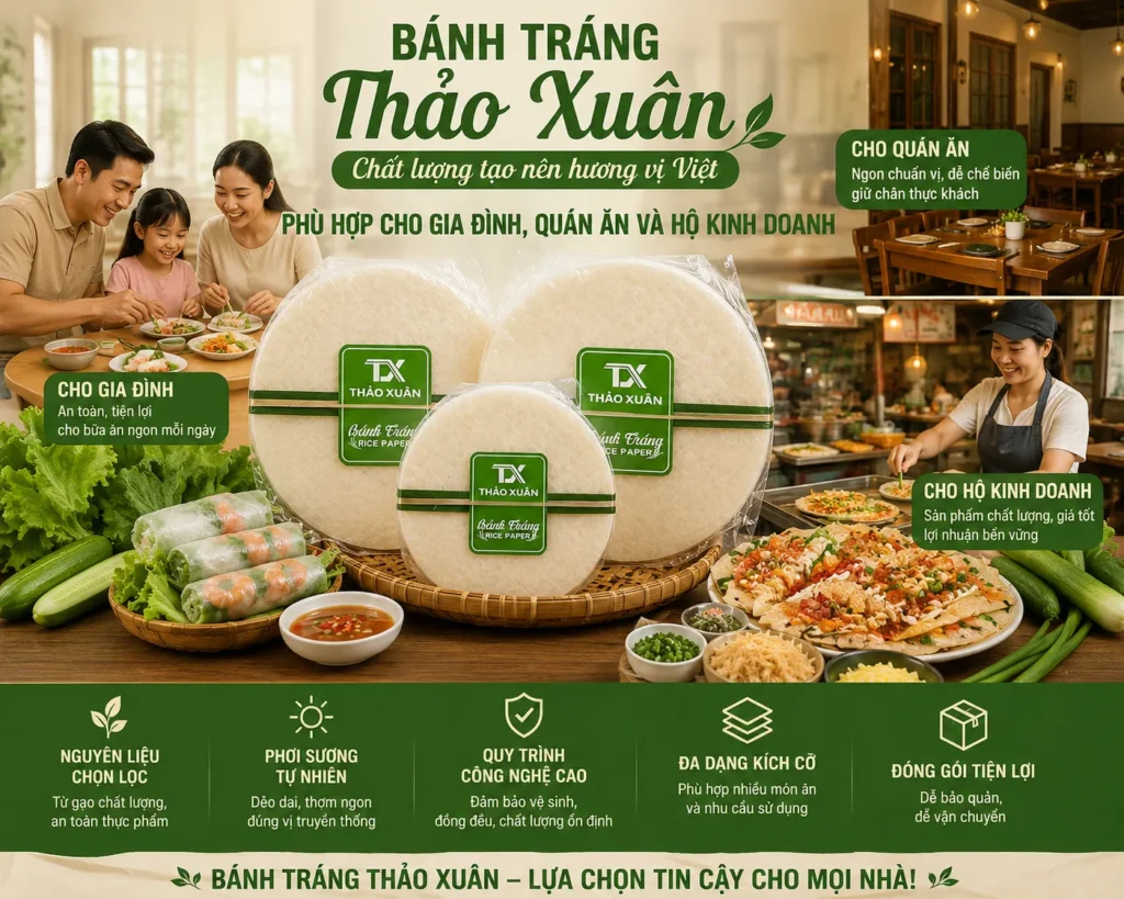 Sản phẩm bánh tráng Thảo Xuân phù hợp cho gia đình, quán ăn và hộ kinh doanh.