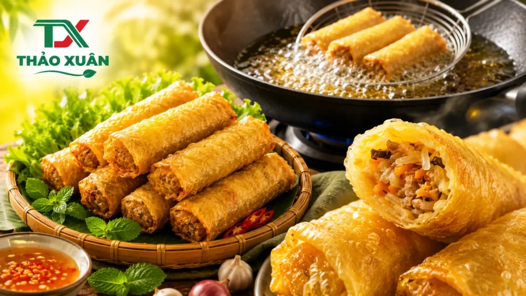 Chả giò chiên vàng giòn trên đĩa