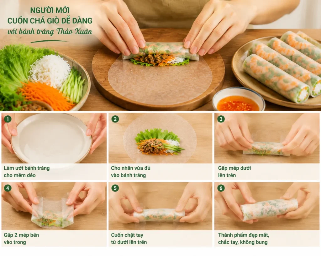 Hướng Dẫn Làm Món Ngon Từ Bánh Tráng Chả Giò Nhanh Gọn 17 Dễ cuốn và hạn chế rách bánh cho mọi người